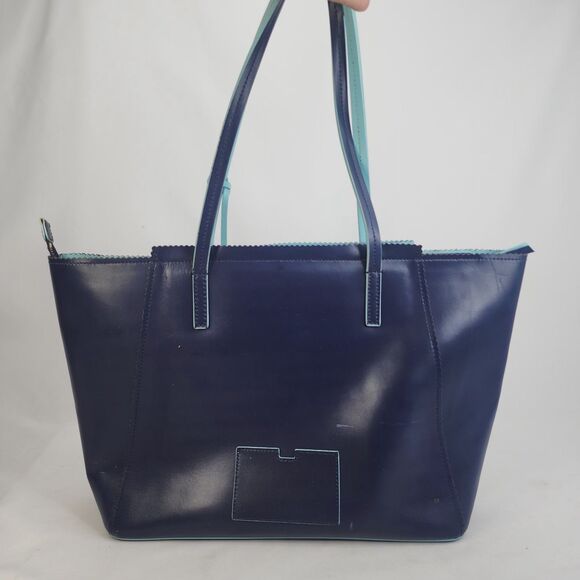 Kate Spade New York Navy Blue Leather Tote Bag Large Light Blue Trim Zip Top - Picture 8 of 15